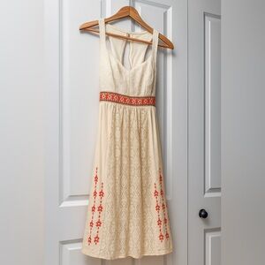 Boho White and Beige Dress with Floral Lace Detail